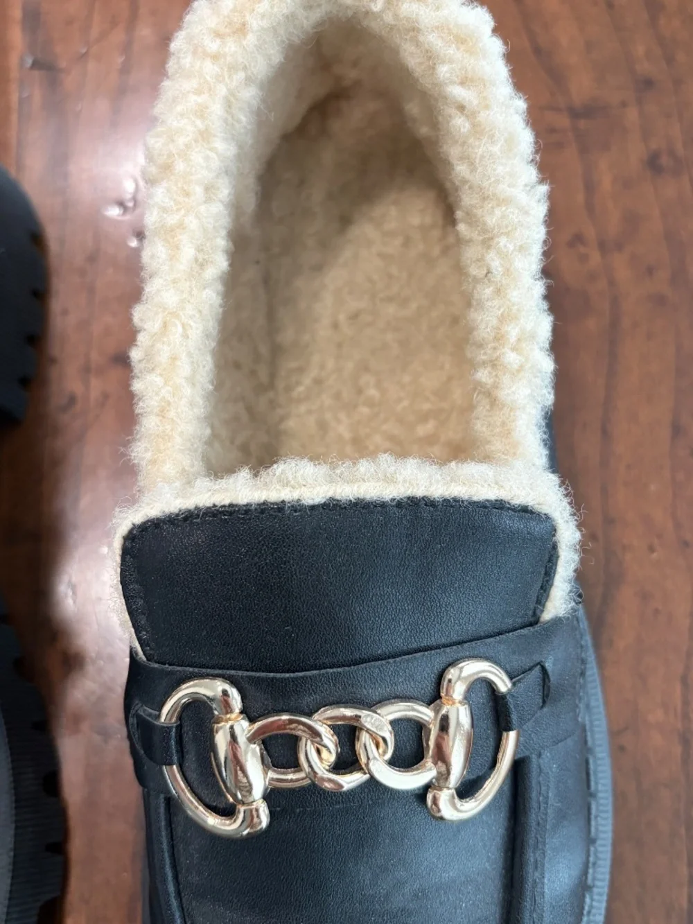 Black Faux Leather Sherpa Lined Chunky Lug Sole Bit Loafers Size 40 (9 US) - Picture 2 of 7